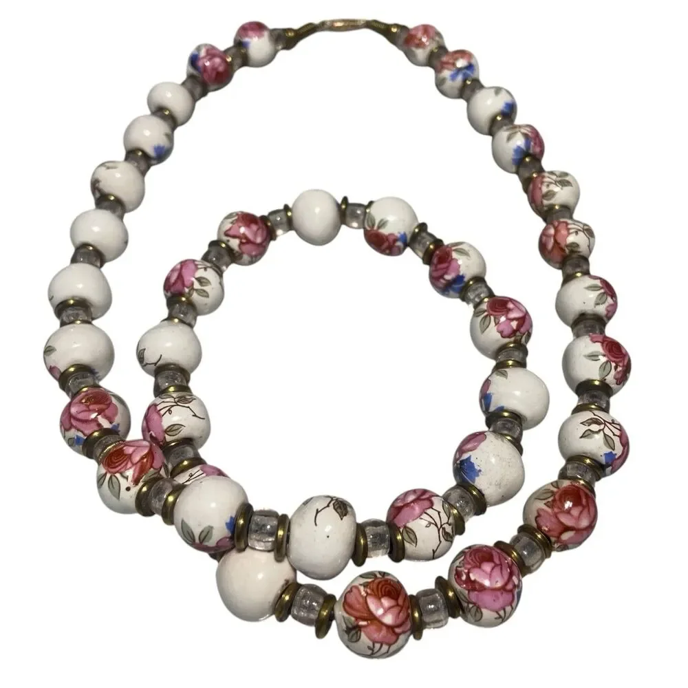 Vintage Chinese Hand Painted Porcelain Flower Beaded Necklace Pink Rose On White